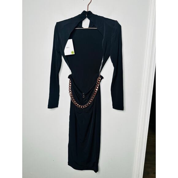 NWT NOOKIE Black Alba High Mock Neck Open Back Rose Gold Chain Midi Dress Size M - Picture 5 of 16
